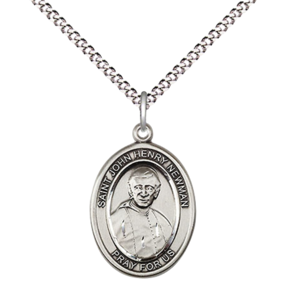 Everlasting Light Jewelry Medium Women's Pewter Blessed John Henry Newman Pendant Necklace on 18- inch Rhodium- Plated Lite Curb Brass Chain – 3/4- inch Medal with Lobster Claw Clasp, Catholic Medal – Velvet Gift Box Included