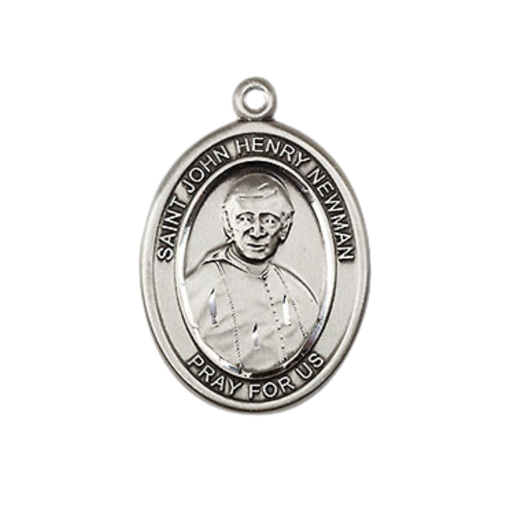 Medium Men's Pewter Blessed John Henry Newman Medal Pendant on 24 Inch Endless Rhodium Plated Heavy Curb Brass Chain, Catholic Religious Necklace - Made in USA- Deluxe Velvet Gift Box