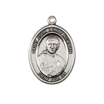 Mens Medium Oval Pewter Blessed John Henry Newman Medal Pendant on 24 Inch Rhodium Plated Heavy Curb Brass Chain w/ Lobster Claw Clasp, Catholic Religious Necklace - Made in USA- Velvet Gift Box