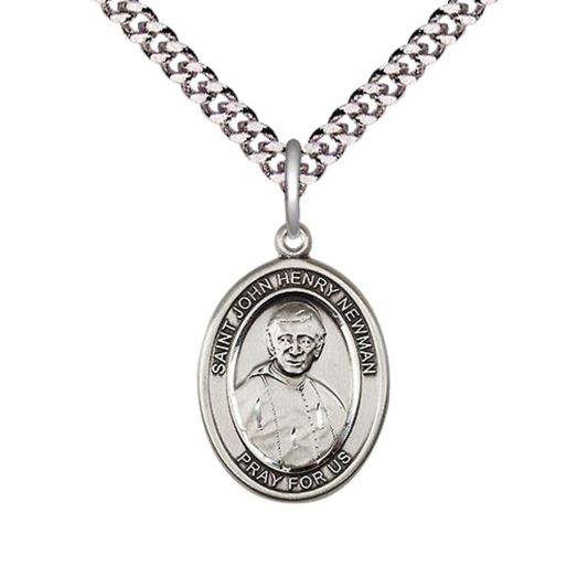 Medium Mens Oval .925 Sterling Silver Blessed John Henry Newman Medal Pendant on 24 Inch Rhodium Plated Heavy Curb Brass Chain w/ Lobster Claw Clasp, Catholic Religious Necklace - Made in USA- Gift Boxed