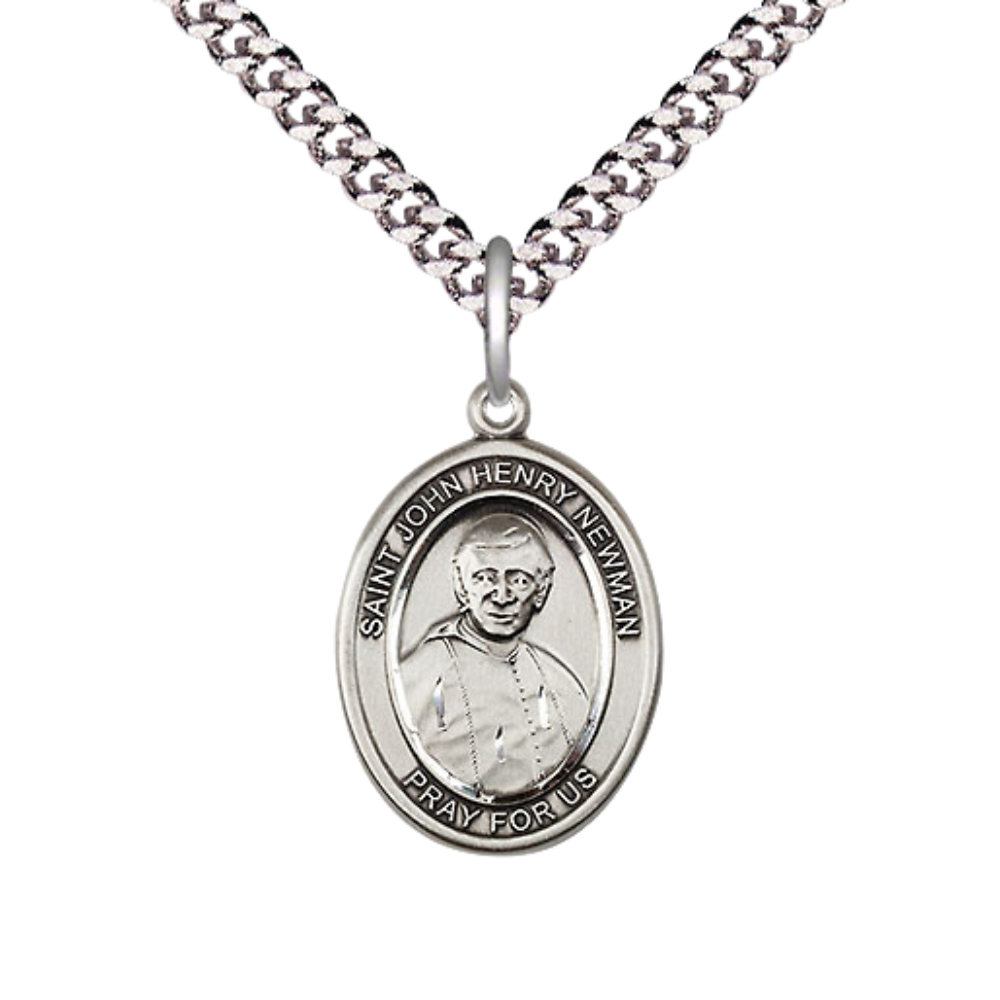 Mens Medium Oval Pewter Blessed John Henry Newman Medal Pendant on 24 Inch Rhodium Plated Heavy Curb Brass Chain w/ Lobster Claw Clasp, Catholic Religious Necklace - Made in USA- Velvet Gift Box