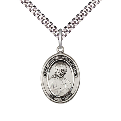 Mens Medium Oval Pewter Blessed John Henry Newman Medal Pendant on 24 Inch Rhodium Plated Heavy Curb Brass Chain w/ Lobster Claw Clasp, Catholic Religious Necklace - Made in USA- Velvet Gift Box