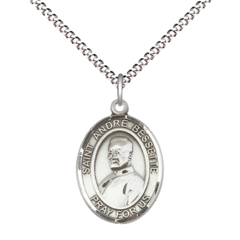 Everlasting Light Jewelry Medium Women's Pewter Saint St. Andre Bessette Pendant Necklace on 18- inch Rhodium- Plated Lite Curb Brass Chain – 3/4- inch Medal with Lobster Claw Clasp, Catholic Medal – Velvet Gift Box Included