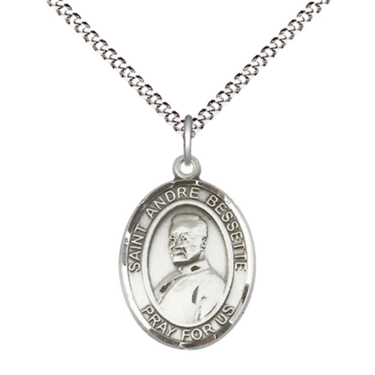 Everlasting Light Jewelry Medium Women's Pewter Saint St. Andre Bessette Pendant Necklace on 18- inch Rhodium- Plated Lite Curb Brass Chain – 3/4- inch Medal with Lobster Claw Clasp, Catholic Medal – Velvet Gift Box Included
