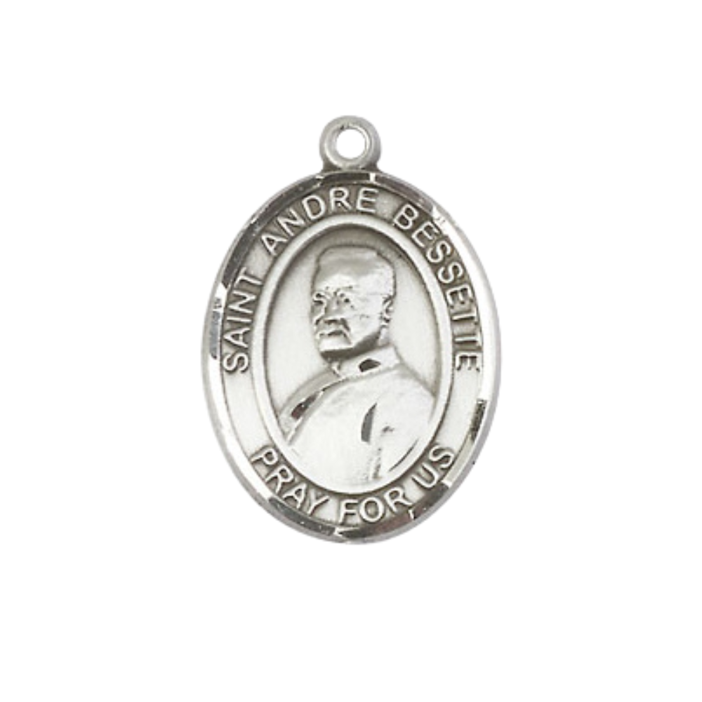 Everlasting Light Jewelry Medium Men's Pewter Saint St. Andre Bessette Medal Pendant on 24 Inch Endless Rhodium Plated Heavy Curb Brass Chain, Catholic Religious Necklace - Made in USA- Deluxe Velvet Gift Box