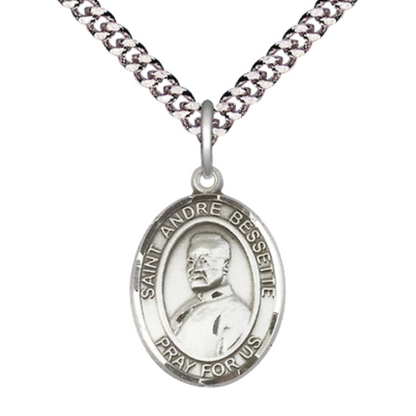Medium Mens Oval .925 Sterling Silver Saint St. Andre Bessette Medal Pendant on 24 Inch Rhodium Plated Heavy Curb Brass Chain w/ Lobster Claw Clasp, Catholic Religious Necklace - Made in USA- Velvet Gift Box