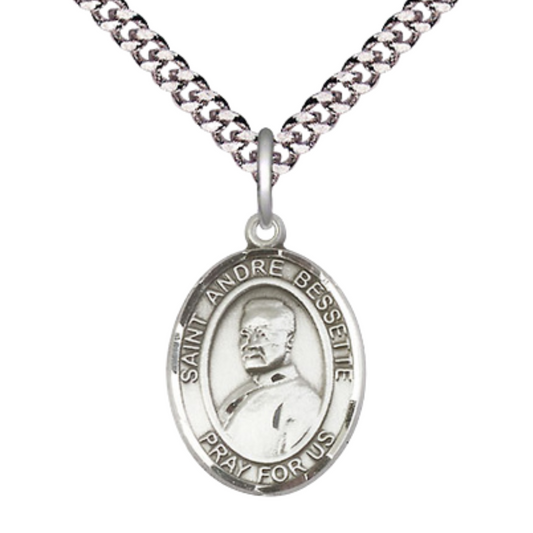 Everlasting Light Jewelry Medium Men's Pewter Saint St. Andre Bessette Medal Pendant on 24 Inch Endless Rhodium Plated Heavy Curb Brass Chain, Catholic Religious Necklace - Made in USA- Deluxe Velvet Gift Box