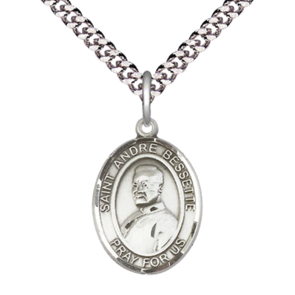 Medium Men's .925 Sterling Silver Saint St. Andre Bessette Medal Pendant on 24 Inch Endless Rhodium Plated Heavy Curb Brass Chain, Catholic Religious Necklace - Made in USA- Deluxe Velvet Gift Box