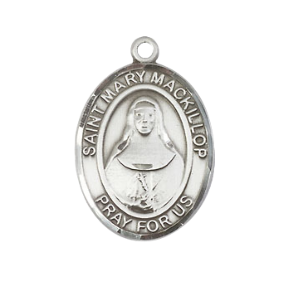 Medium Men's .925 Sterling Silver Saint St. Mary Mackillop Medal Pendant on 24 Inch Endless Rhodium Plated Heavy Curb Brass Chain, Catholic Religious Necklace - Made in USA- Deluxe Velvet Gift Box