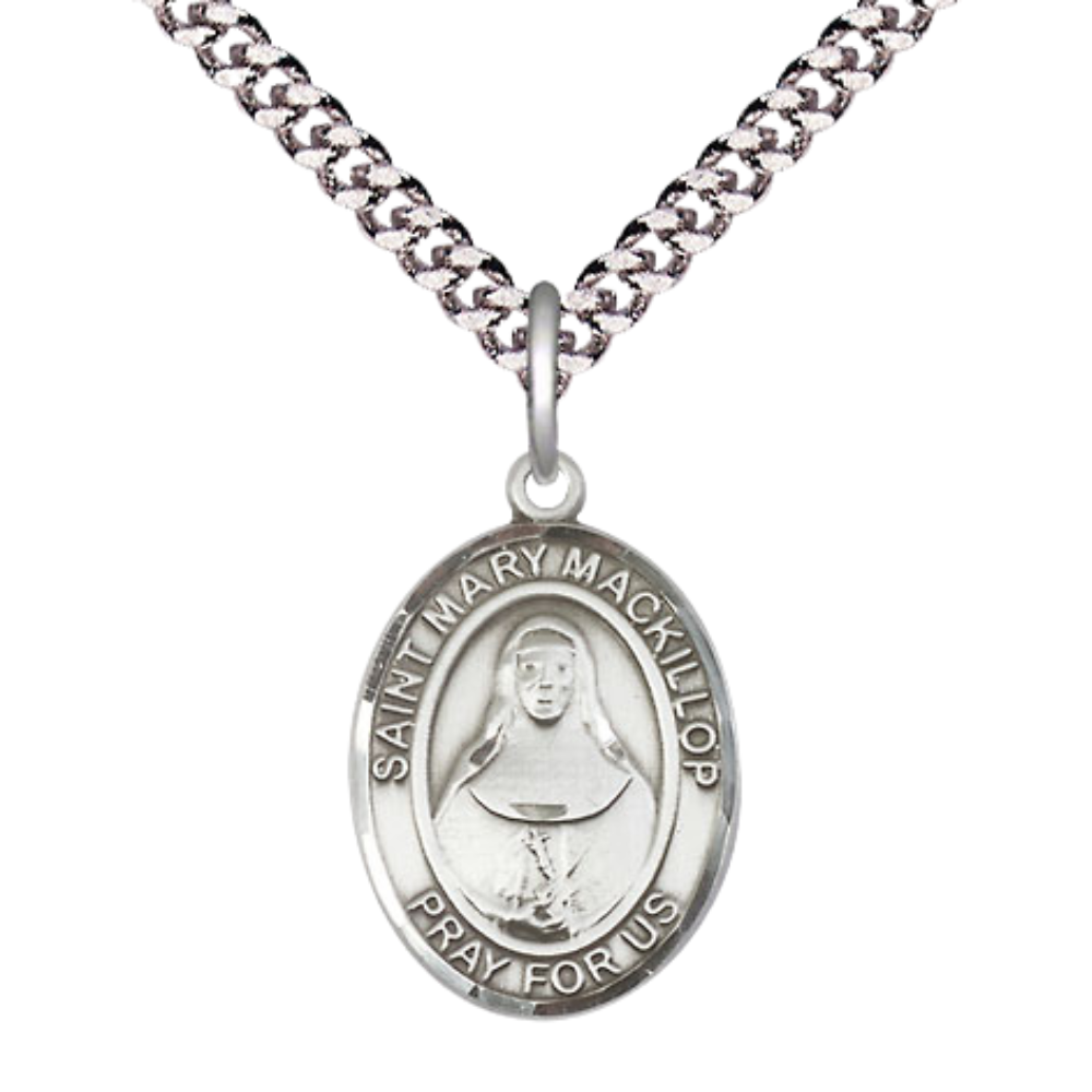 Medium Men's .925 Sterling Silver Saint St. Mary Mackillop Medal Pendant on 24 Inch Endless Rhodium Plated Heavy Curb Brass Chain, Catholic Religious Necklace - Made in USA- Deluxe Velvet Gift Box