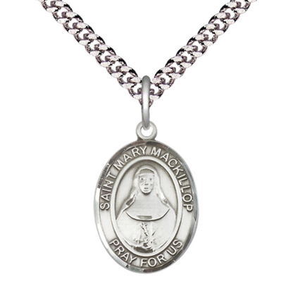 Mens Medium Oval Pewter Saint St. Mary Mackillop Medal Pendant on 24 Inch Rhodium Plated Heavy Curb Brass Chain w/ Lobster Claw Clasp, Catholic Religious Necklace - Made in USA- Velvet Gift Box