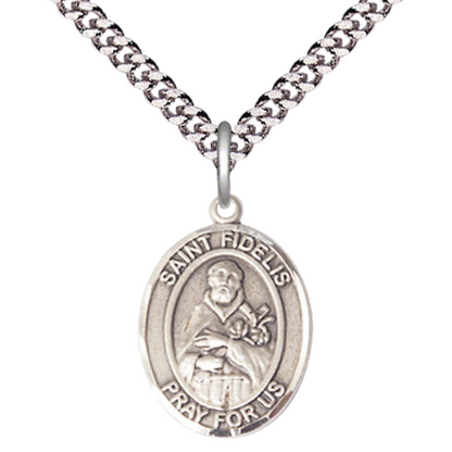 Everlasting Light Jewelry Medium Men's Pewter Saint St.Fidelis Medal Pendant on 24 Inch Endless Rhodium Plated Heavy Curb Brass Chain, Catholic Religious Necklace -Made in USA- Deluxe Velvet Gift Box