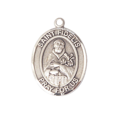 Mens Medium Oval Pewter Saint St. Fidelis Medal Pendant on 24 Inch Rhodium Plated Heavy Curb Brass Chain with Lobster Claw Clasp, Catholic Religious Necklace - Made in USA- Deluxe Velvet Gift Box