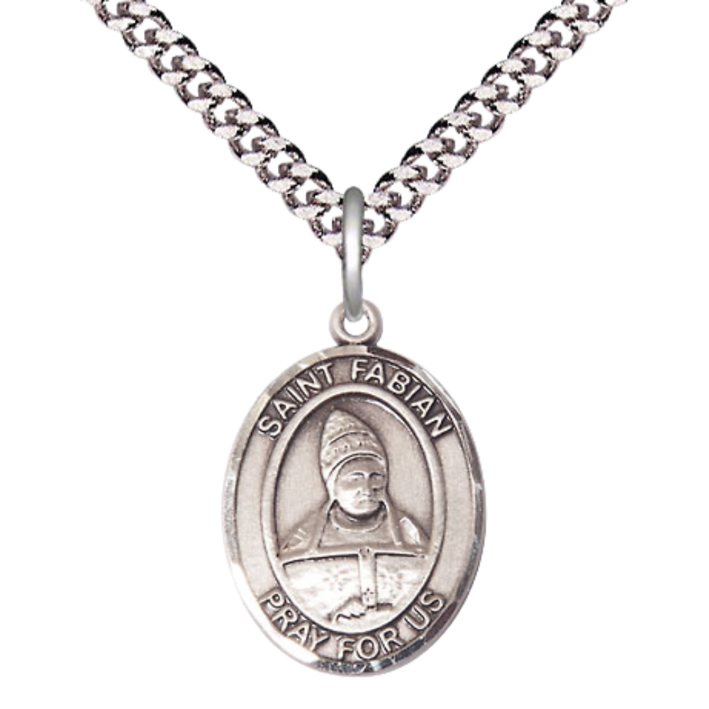 Medium Men's .925 Sterling Silver Saint Fabian Medal Pendant on 24 Inch Endless Rhodium Plated Heavy Curb Brass Chain, Catholic Religious Necklace -Made in USA- Deluxe Velvet Gift Box