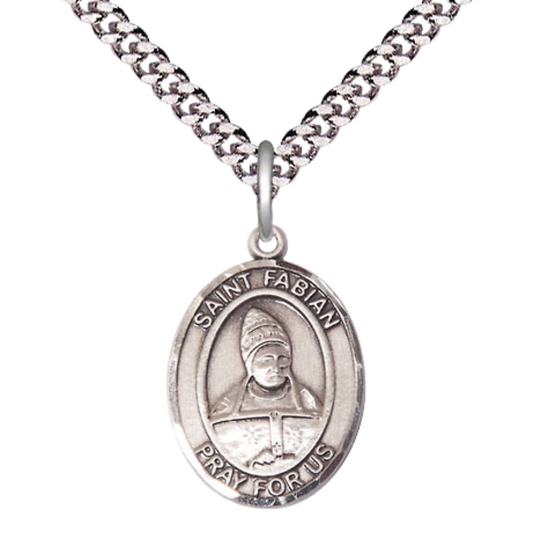 Medium Men's .925 Sterling Silver Saint Fabian Medal Pendant on 24 Inch Endless Rhodium Plated Heavy Curb Brass Chain, Catholic Religious Necklace -Made in USA- Deluxe Velvet Gift Box