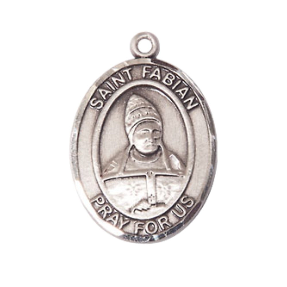 Medium Men's .925 Sterling Silver Saint Fabian Medal Pendant on 24 Inch Endless Rhodium Plated Heavy Curb Brass Chain, Catholic Religious Necklace -Made in USA- Deluxe Velvet Gift Box