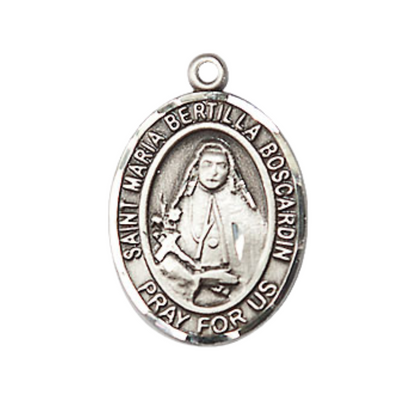 Medium Men's Pewter Saint St. Maria Bertilla Boscardin Medal Pendant on 24 Inch Endless Rhodium Plated Heavy Curb Brass Chain, Catholic Religious Necklace - Made in USA- Deluxe Velvet Gift Box