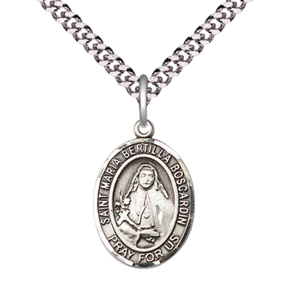 Medium Men's Pewter Saint St. Maria Bertilla Boscardin Medal Pendant on 24 Inch Endless Rhodium Plated Heavy Curb Brass Chain, Catholic Religious Necklace - Made in USA- Deluxe Velvet Gift Box