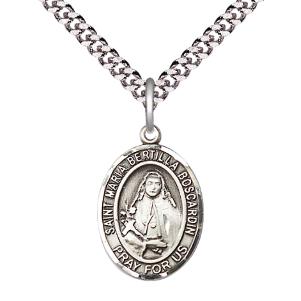 Medium Mens Oval Pewter Saint St. Maria Bertilla Boscardin Medal Pendant on 24 Inch Rhodium Plated Heavy Curb Brass Chain w/ Lobster Claw Clasp, Catholic Religious Necklace - Made in USA- Velvet Gift Box