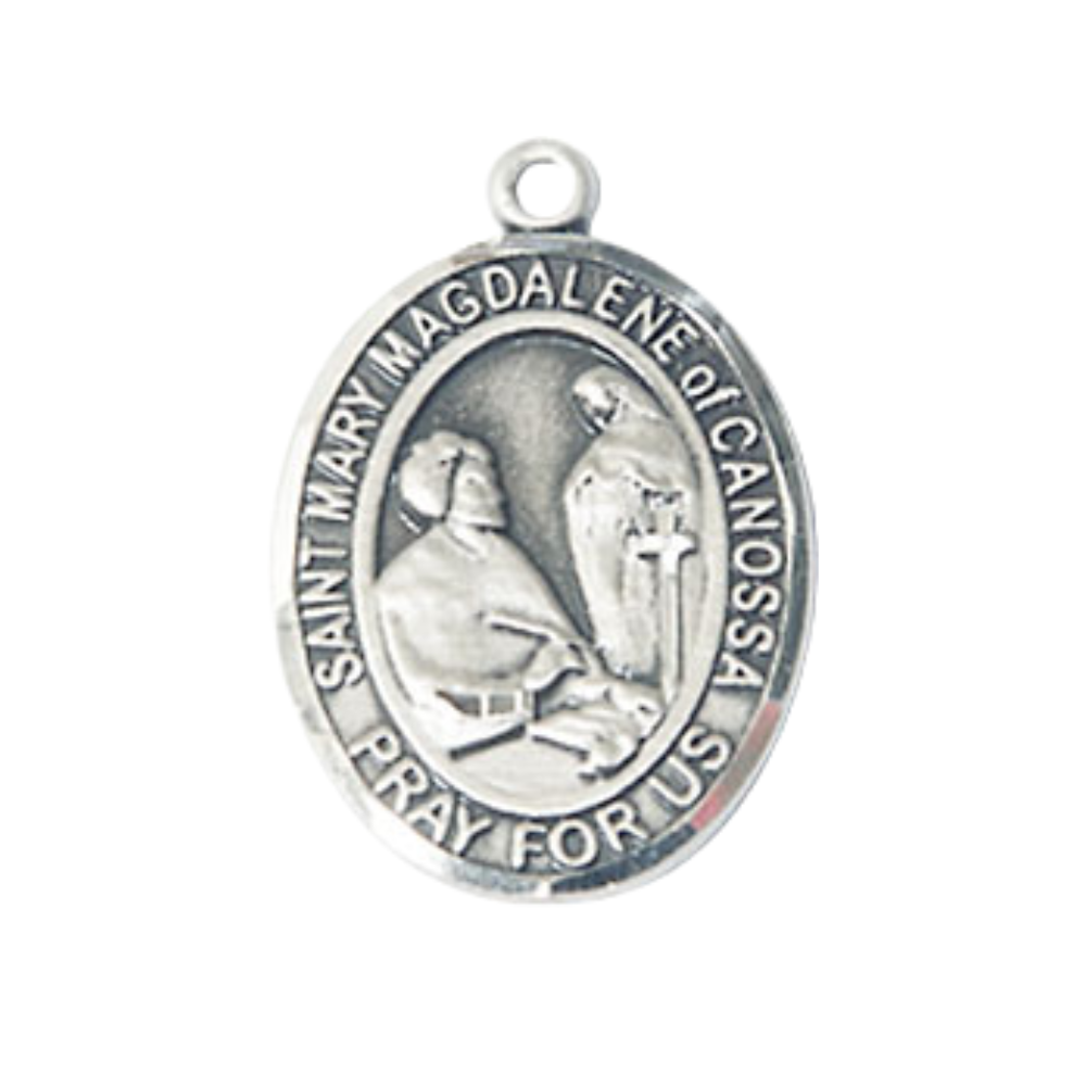 Medium Mens Oval Pewter Saint St. Mary Magdalene of Canossa Medal Pendant on 24 Inch Rhodium Plated Heavy Curb Brass Chain w/ Lobster Claw Clasp, Catholic Religious Necklace - Made in USA- Velvet Gift Box