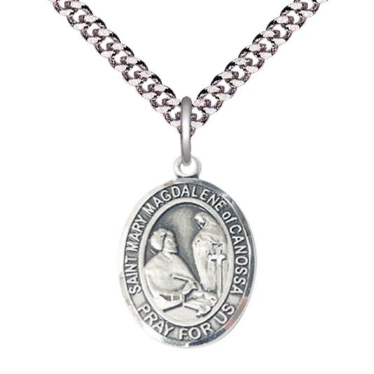 Medium Men's Pewter Saint St. Mary Magdalene of Canossa Medal Pendant on 24 Inch Endless Rhodium Plated Heavy Curb Brass Chain, Catholic Religious Necklace - Made in USA- Deluxe Velvet Gift Box