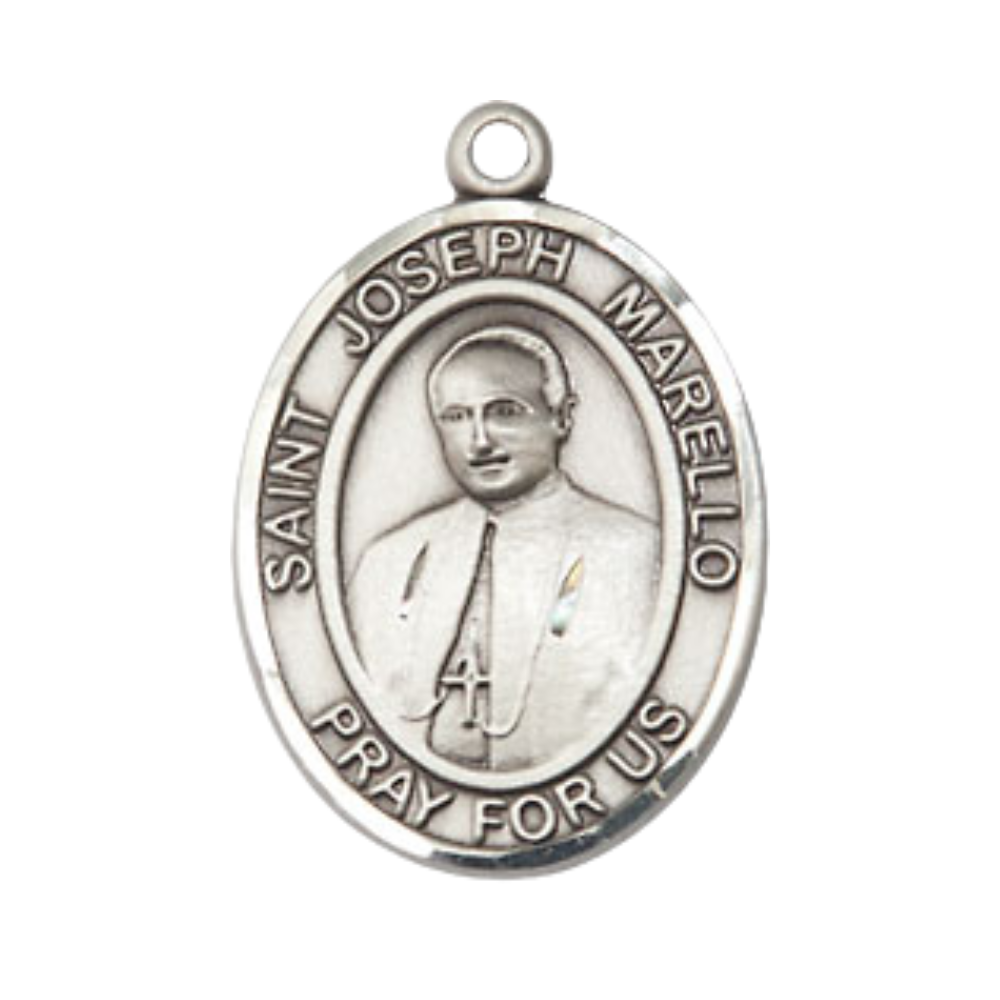 Medium Mens Oval Sterling Silver Saint Joseph Marello Medal Pendant on 24" Rhodium Plated Heavy Curb Brass Chain w/ Lobster Claw Clasp, Catholic Religious Necklace -Made in USA-Velvet Gift Box