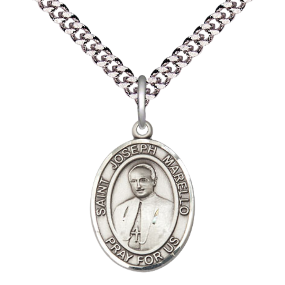 Medium Men's .925 Sterling Silver Saint St. Joseph Marello Medal Pendant on 24 Inch Endless Rhodium Plated Heavy Curb Brass Chain, Catholic Religious Necklace - Made in USA- Deluxe Velvet Gift Box
