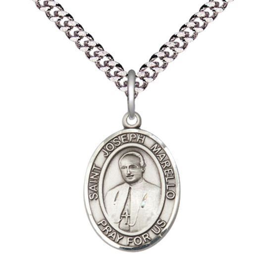 Medium Mens Oval Sterling Silver Saint Joseph Marello Medal Pendant on 24" Rhodium Plated Heavy Curb Brass Chain w/ Lobster Claw Clasp, Catholic Religious Necklace -Made in USA-Velvet Gift Box