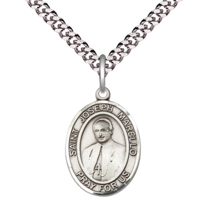 Everlasting Light Jewelry Medium Men's Pewter Saint St. Joseph Marello Medal Pendant on 24 Inch Endless Rhodium Plated Heavy Curb Brass Chain, Catholic Religious Necklace - Made in USA- Deluxe Velvet Gift Box