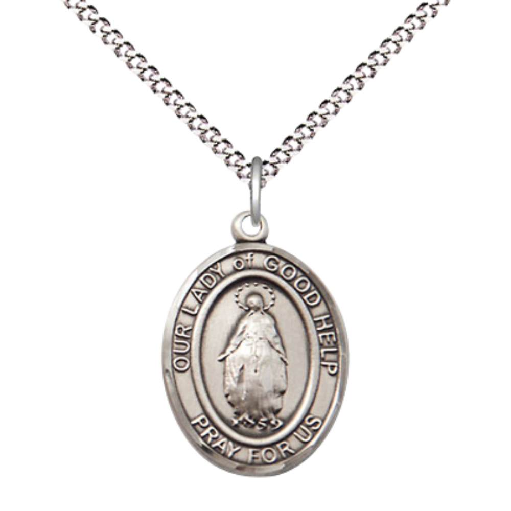 Everlasting Light Jewelry Medium Women's Pewter Our Lady of Good Help Pendant Necklace on 18- inch Rhodium- Plated Lite Curb Brass Chain – 3/4- inch Medal with Lobster Claw Clasp, Catholic Medal – Velvet Gift Box Included