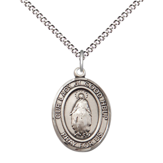 Everlasting Light Jewelry Medium Women's Pewter Our Lady of Good Help Pendant Necklace on 18- inch Rhodium- Plated Lite Curb Brass Chain – 3/4- inch Medal with Lobster Claw Clasp, Catholic Medal – Velvet Gift Box Included