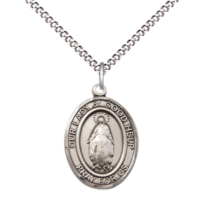 Everlasting Light Jewelry Medium Women's Sterling Silver Our Lady of Good Help Pendant Necklace on 18-Inch Rhodium-Plated Lite Curb Brass Chain – Patron Saint Medal – Velvet Gift Box