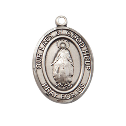 Everlasting Light Jewelry Medium Men's Pewter Our Lady Of Good Help Medal Pendant on 24 Inch Endless Rhodium Plated Heavy Curb Brass Chain, Catholic Religious Necklace - Made in USA- Deluxe Velvet Gift Box