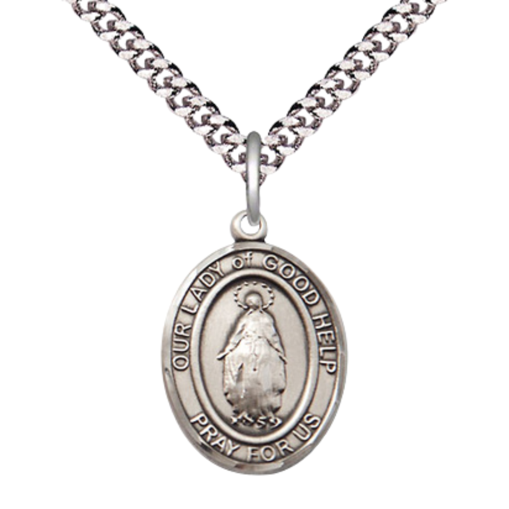 Medium Mens Oval Sterling Silver Our Lady Of Good Help Medal Pendant on 24" Rhodium Plated Heavy Curb Brass Chain w/ Lobster Claw Clasp, Catholic Religious Necklace -Made in USA-Velvet Gift Box