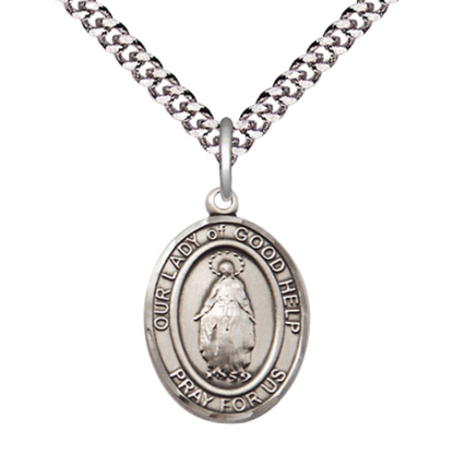 Medium Men's .925 Sterling Silver Our Lady Of Good Help Medal Pendant on 24 Inch Endless Rhodium Plated Heavy Curb Brass Chain, Catholic Religious Necklace - Made in USA- Deluxe Velvet Gift Box