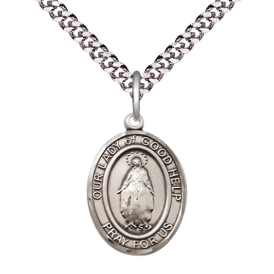 Medium Men's .925 Sterling Silver Our Lady Of Good Help Medal Pendant on 24 Inch Endless Rhodium Plated Heavy Curb Brass Chain, Catholic Religious Necklace - Made in USA- Deluxe Velvet Gift Box