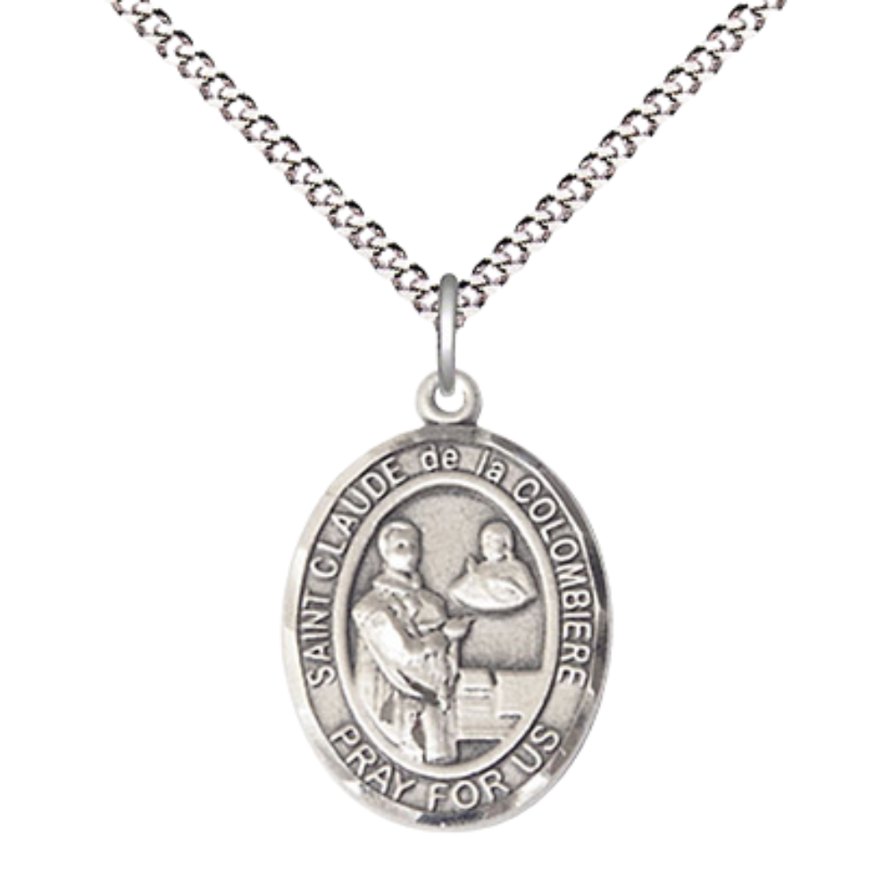 Medium Women's Pewter Saint St. Claude de la Colombiere Pendant Necklace on 18- inch Rhodium- Plated Lite Curb Brass Chain – 3/4- inch Medal with Lobster Claw Clasp, Catholic Medal – Velvet Gift Box Included