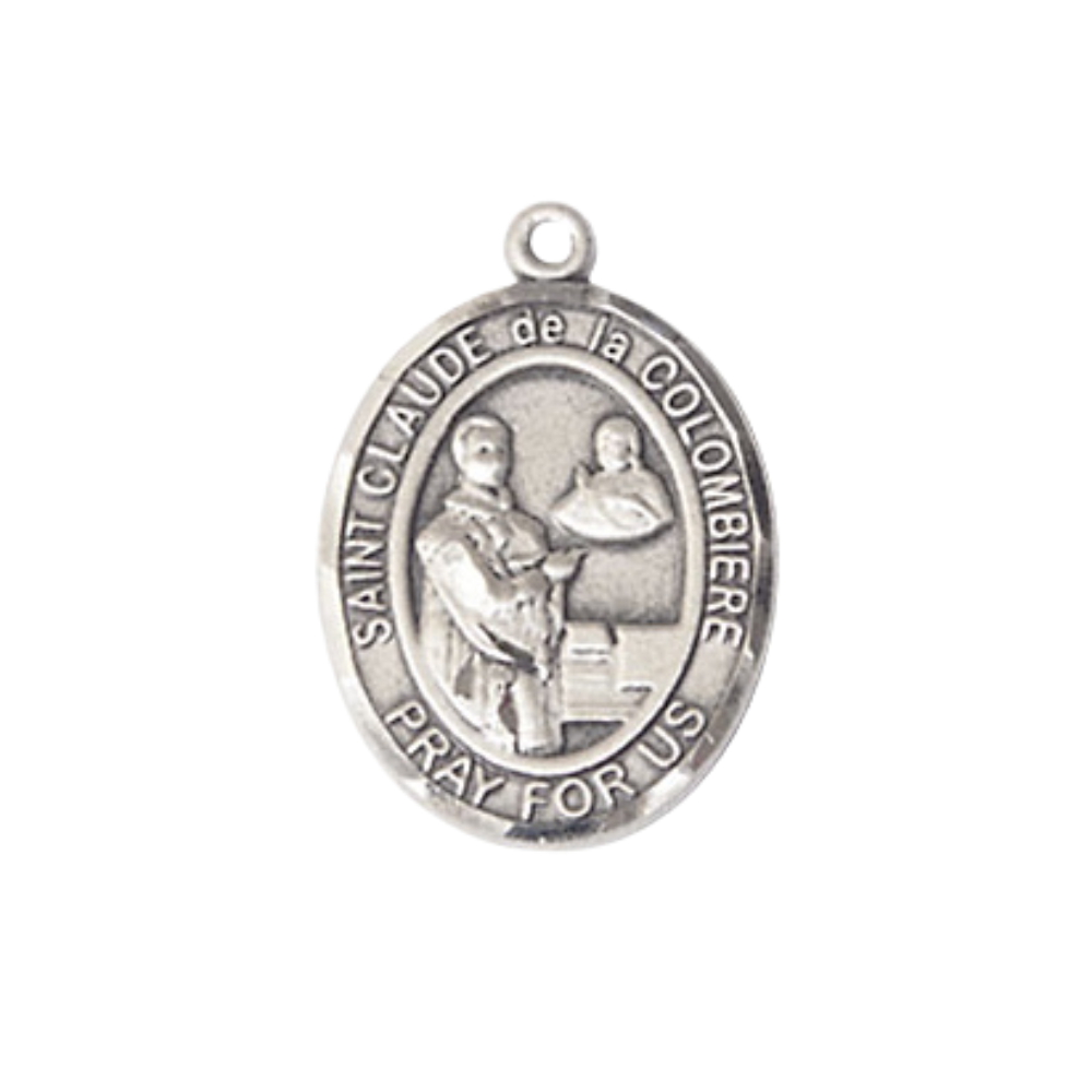 Medium Men's .925 Sterling Silver Saint St. Claude de la Colombiere Medal Pendant on 24 Inch Endless Rhodium Plated Heavy Curb Brass Chain, Catholic Religious Necklace - Made in USA- Deluxe Velvet Gift Box