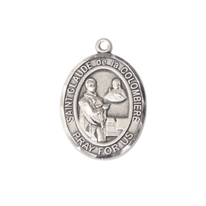 Medium Men's Pewter Saint St. Claude de la Colombiere Medal Pendant on 24 Inch Endless Rhodium Plated Heavy Curb Brass Chain, Catholic Religious Necklace - Made in USA- Deluxe Velvet Gift Box