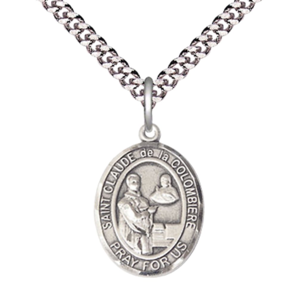 Medium Men's .925 Sterling Silver Saint St. Claude de la Colombiere Medal Pendant on 24 Inch Endless Rhodium Plated Heavy Curb Brass Chain, Catholic Religious Necklace - Made in USA- Deluxe Velvet Gift Box