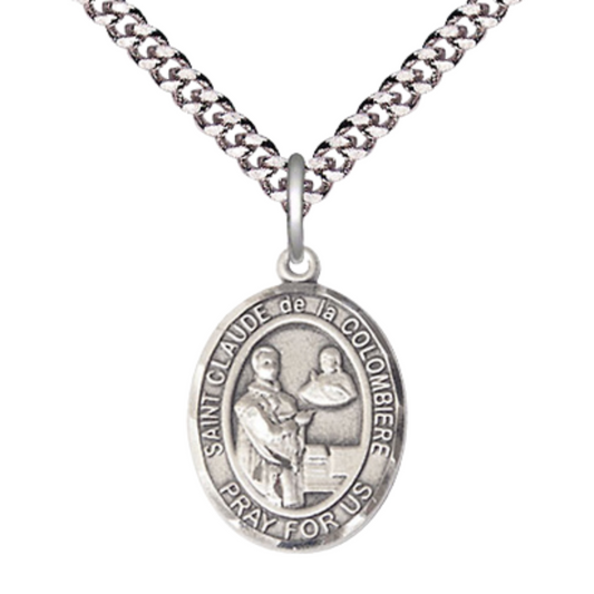 Medium Men's .925 Sterling Silver Saint St. Claude de la Colombiere Medal Pendant on 24 Inch Endless Rhodium Plated Heavy Curb Brass Chain, Catholic Religious Necklace - Made in USA- Deluxe Velvet Gift Box