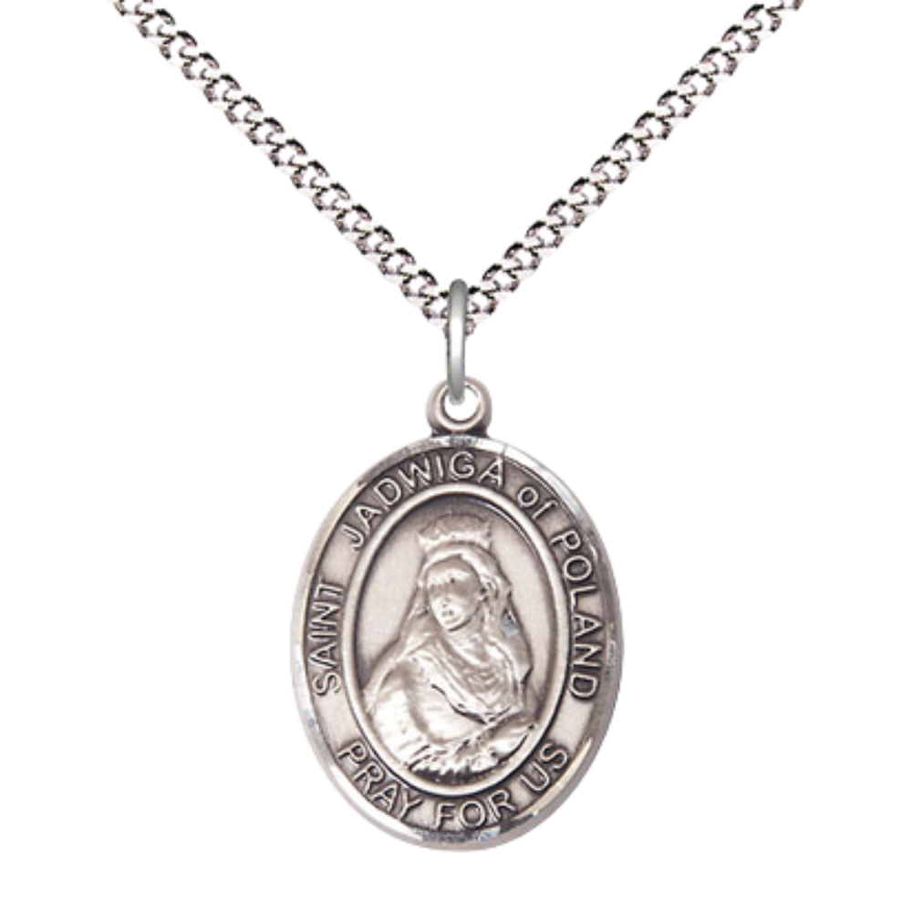 Everlasting Light Jewelry Medium Women's Pewter Saint St. Jadwiga of Poland Pendant Necklace on 18- inch Rhodium- Plated Lite Curb Brass Chain – 3/4- inch Medal with Lobster Claw Clasp, Catholic Medal – Velvet Gift Box Included