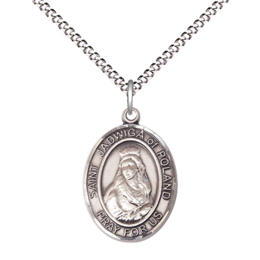 Everlasting Light Jewelry Medium Women's Pewter Saint St. Jadwiga of Poland Pendant Necklace on 18- inch Rhodium- Plated Lite Curb Brass Chain – 3/4- inch Medal with Lobster Claw Clasp, Catholic Medal – Velvet Gift Box Included