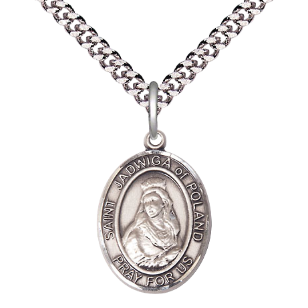Medium Men's .925 Sterling Silver Saint St. Jadwiga of Poland Medal Pendant on 24 Inch Endless Rhodium Plated Heavy Curb Brass Chain, Catholic Religious Necklace - Made in USA- Deluxe Velvet Gift Box