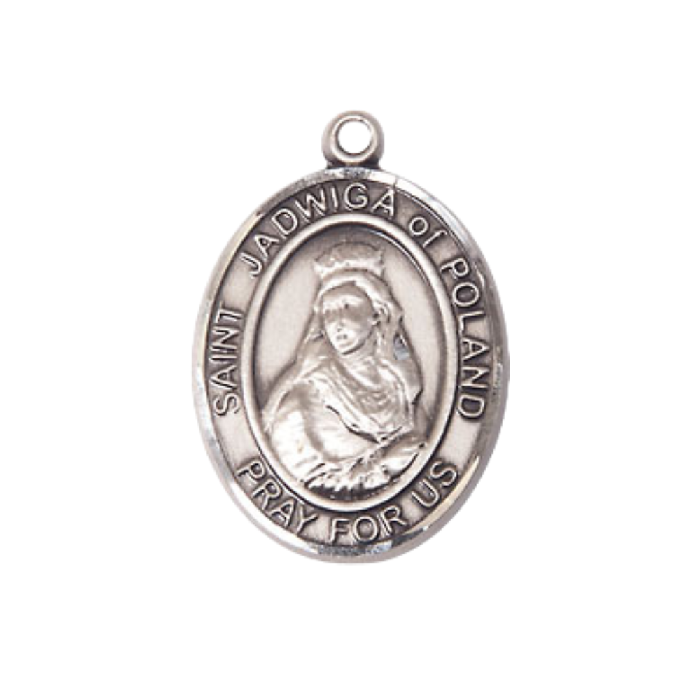 Mens Medium Oval Pewter Saint St. Jadwiga of Poland Medal Pendant on 24 Inch Rhodium Plated Heavy Curb Brass Chain w/ Lobster Claw Clasp, Catholic Religious Necklace - Made in USA- Velvet Gift Box