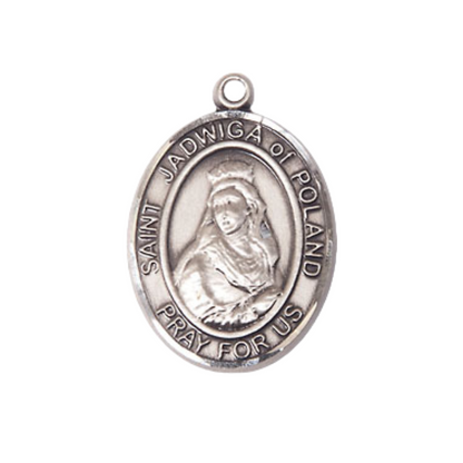 Mens Medium Oval Pewter Saint St. Jadwiga of Poland Medal Pendant on 24 Inch Rhodium Plated Heavy Curb Brass Chain w/ Lobster Claw Clasp, Catholic Religious Necklace - Made in USA- Velvet Gift Box