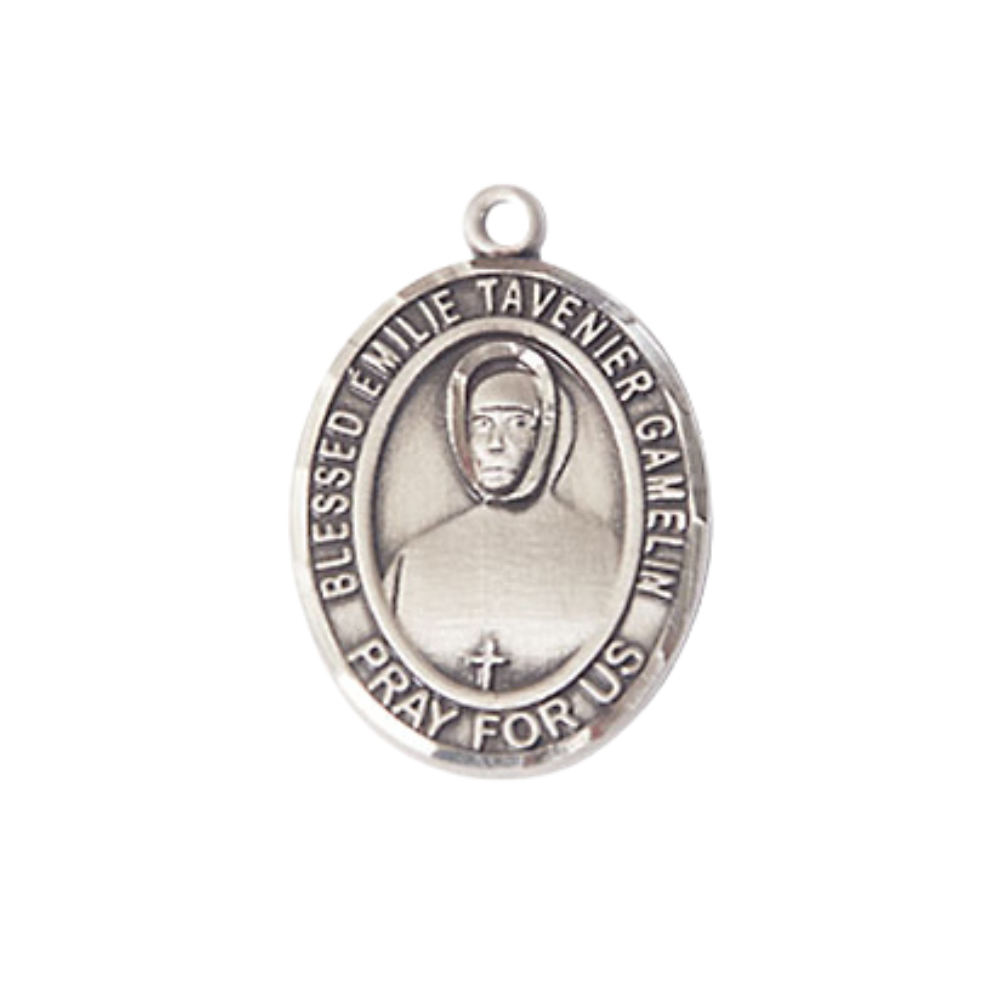 Medium Women's Pewter Blessed Emilie Tavernier Gamelin Pendant Necklace on 18- inch Rhodium- Plated Lite Curb Brass Chain – 3/4- inch Medal with Lobster Claw Clasp, Catholic Medal – Velvet Gift Box Included