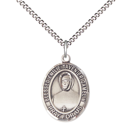 Everlasting Light Jewelry Medium Women's .925 Sterling Silver Blessed Emilie Tavernier Gamelin Pendant Necklace on 18- Inch Rhodium- Plated Lite Curb Brass Chain – Inspirational Catholic Medal – Velvet Gift Box