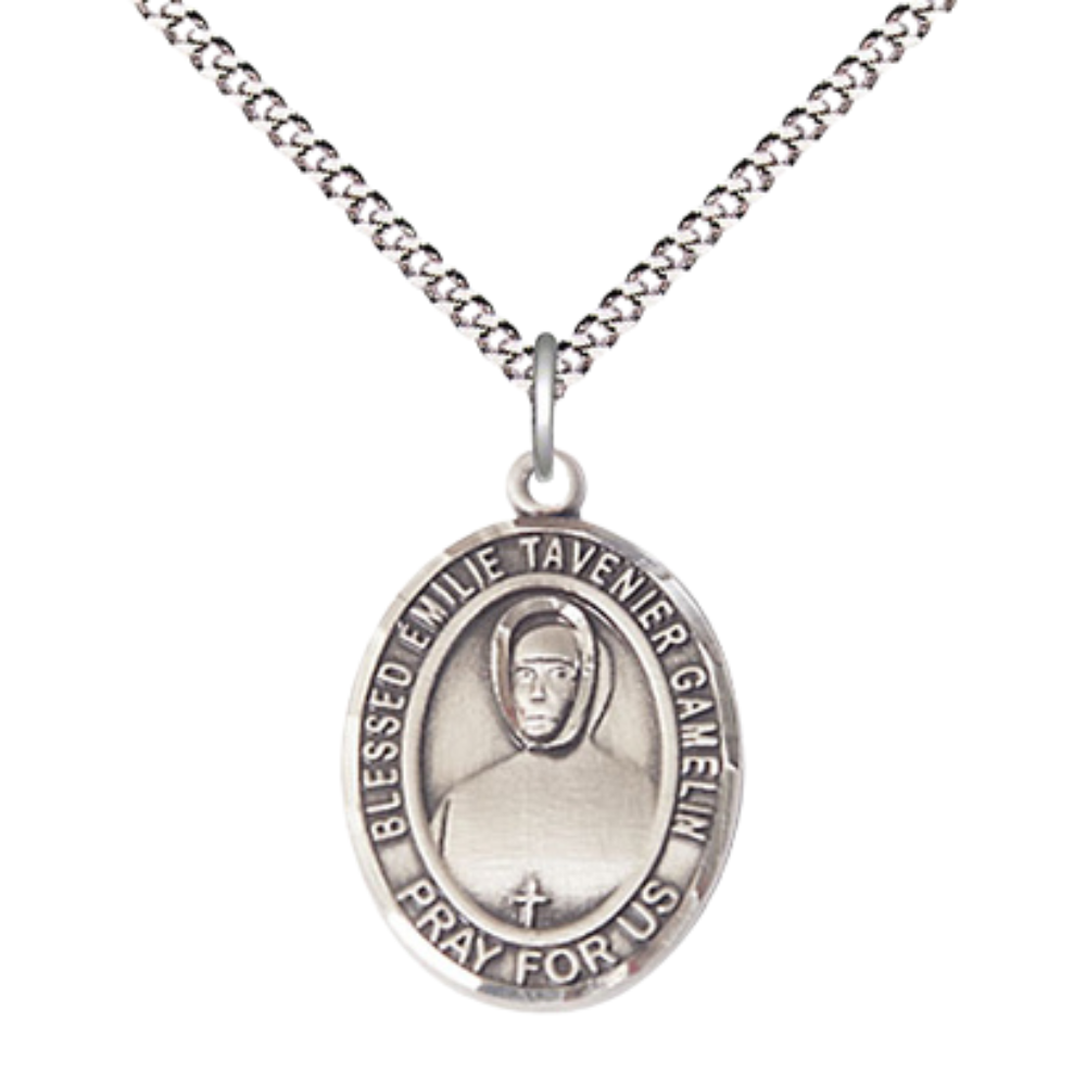 Medium Women's Pewter Blessed Emilie Tavernier Gamelin Pendant Necklace on 18- inch Rhodium- Plated Lite Curb Brass Chain – 3/4- inch Medal with Lobster Claw Clasp, Catholic Medal – Velvet Gift Box Included