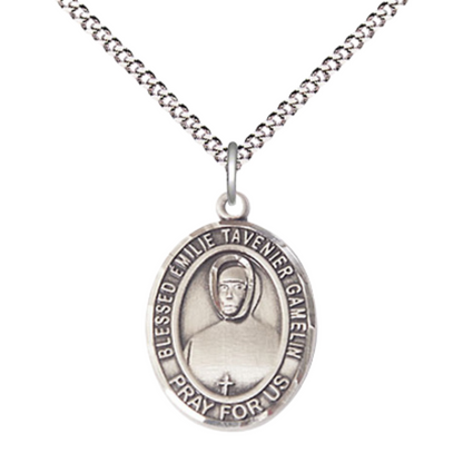 Medium Women's Pewter Blessed Emilie Tavernier Gamelin Pendant Necklace on 18- inch Rhodium- Plated Lite Curb Brass Chain – 3/4- inch Medal with Lobster Claw Clasp, Catholic Medal – Velvet Gift Box Included